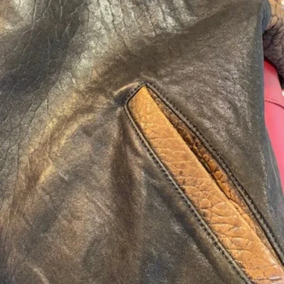 Vintage 80's Fog City Leather Two Tone Black/Brown Bomber Jacket -Large - Picture 11 of 14